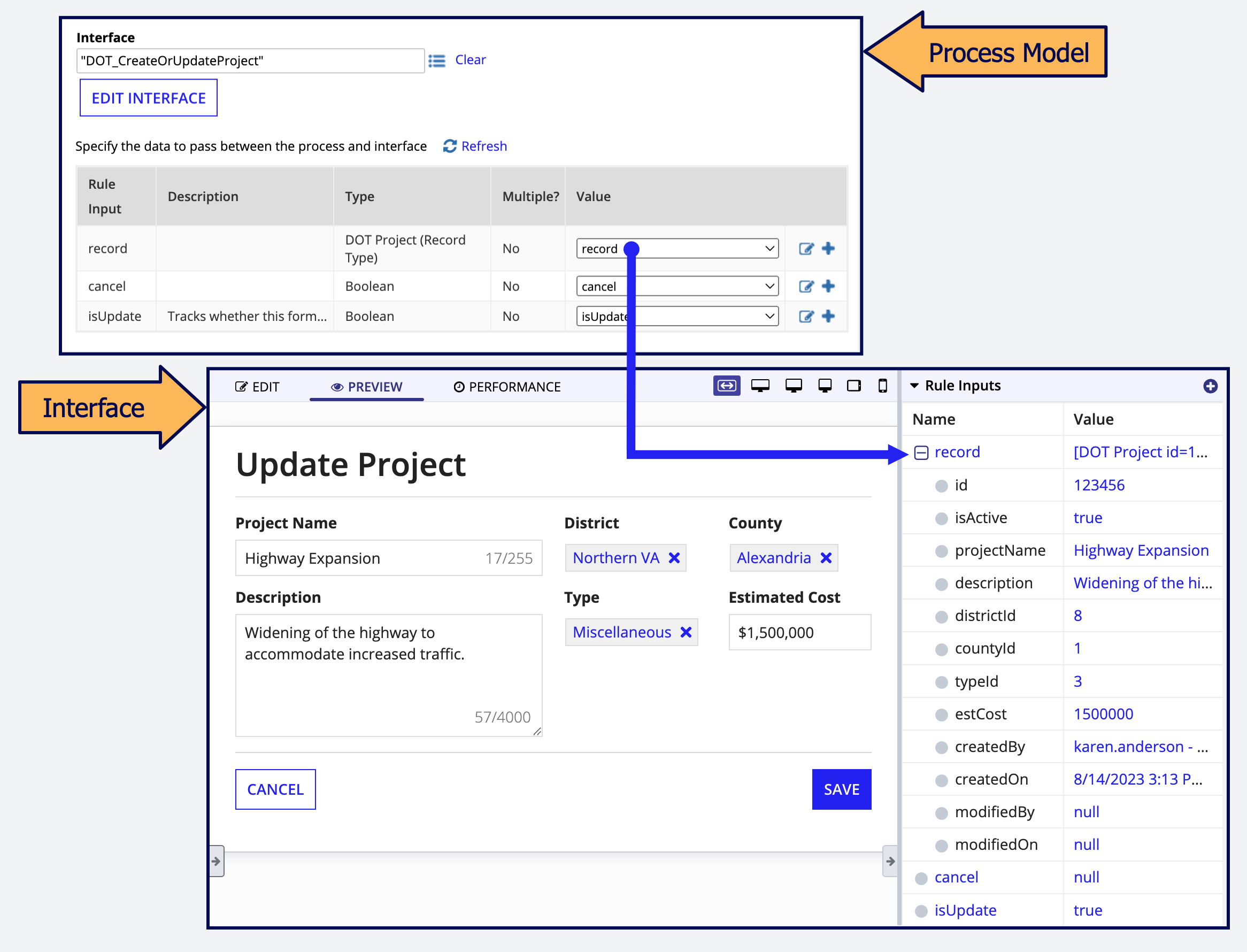 Rule input being passed from a process to an interface