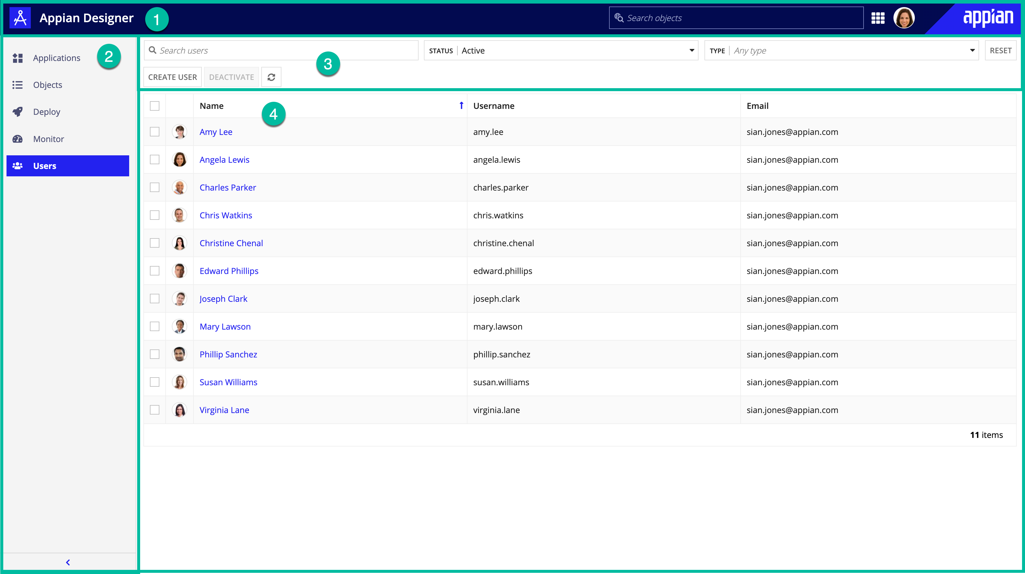 screenshot of the Users view in Appian Designer