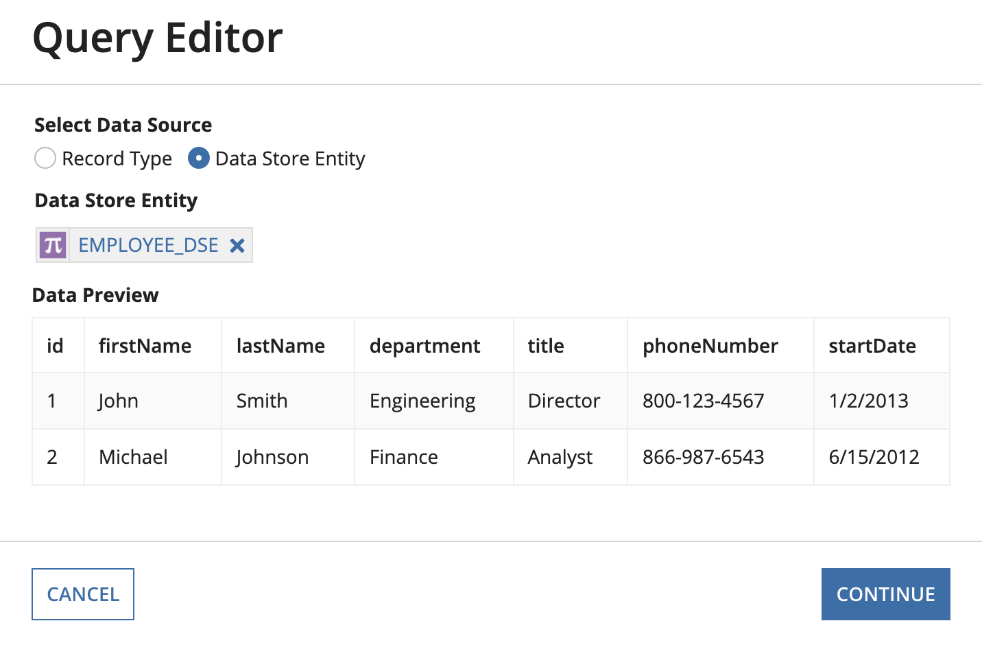 Data source selection for data store entity in query editor