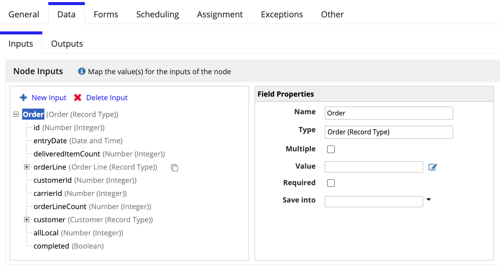 Node input configured with a record type