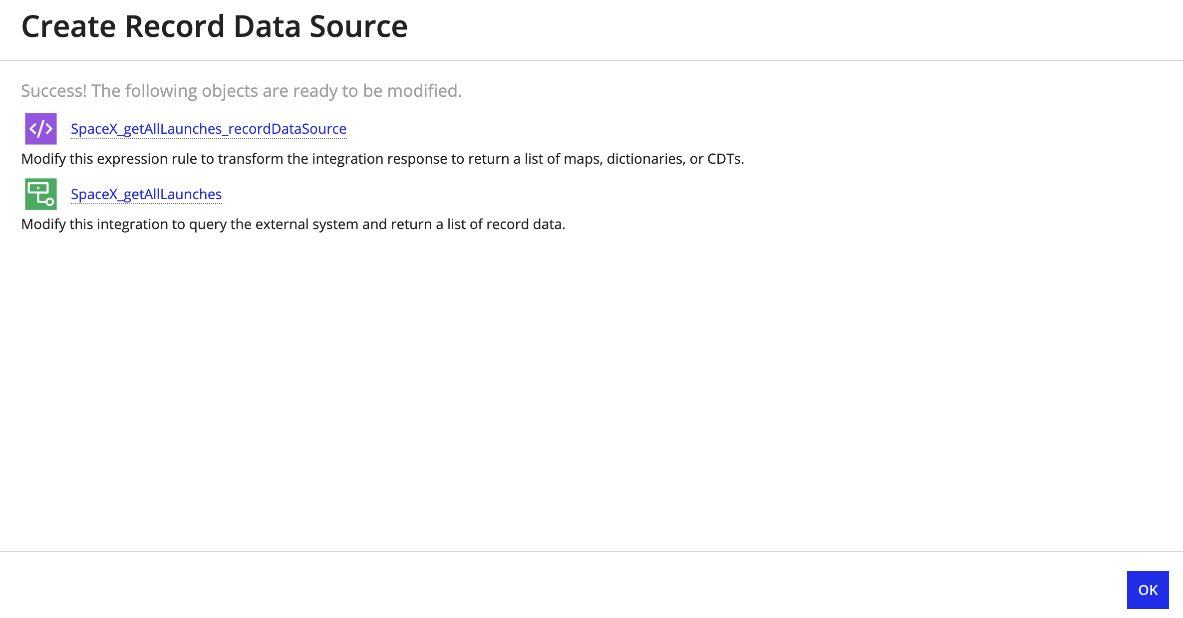 Created record data source objects