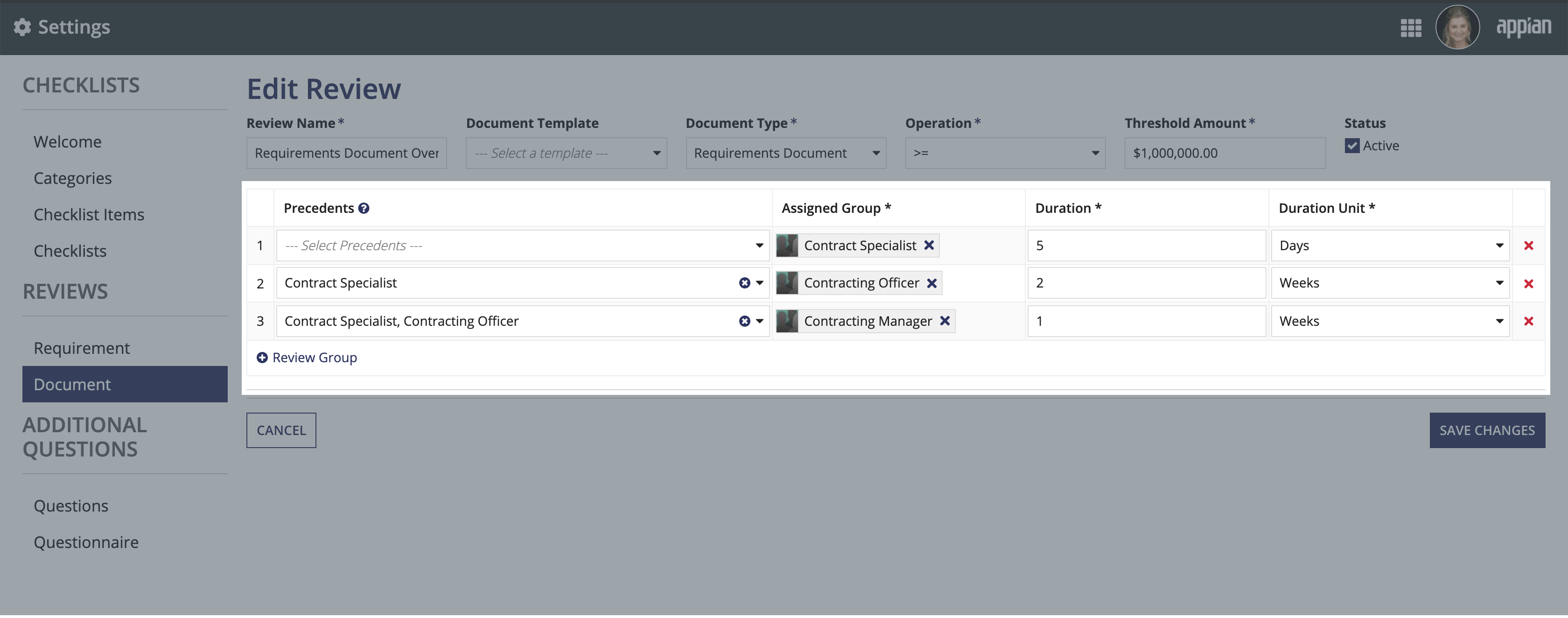 /Edit Document Review Groups