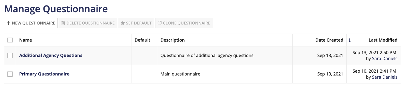 /Manage Questionnaires