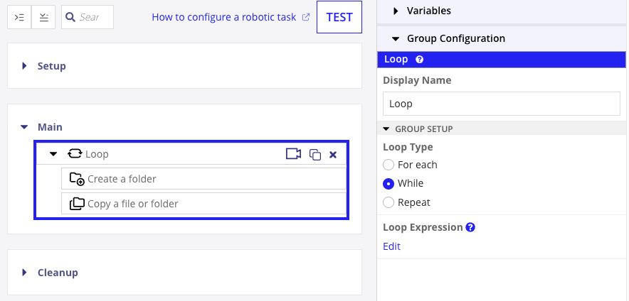 Screenshot of the loop action in the system