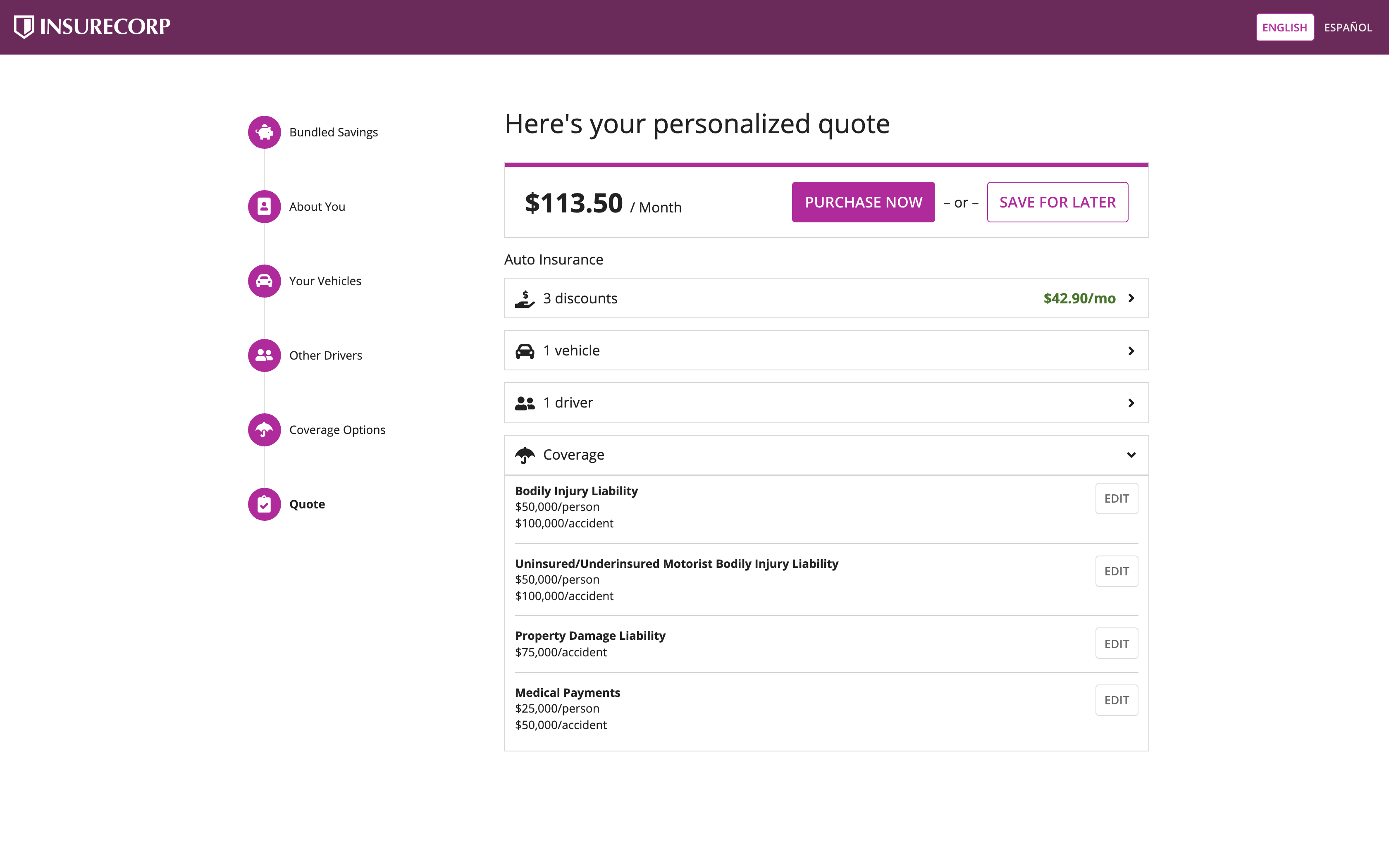 Preview of a desktop SAIL layout for a(n) insurance quote wizard 2