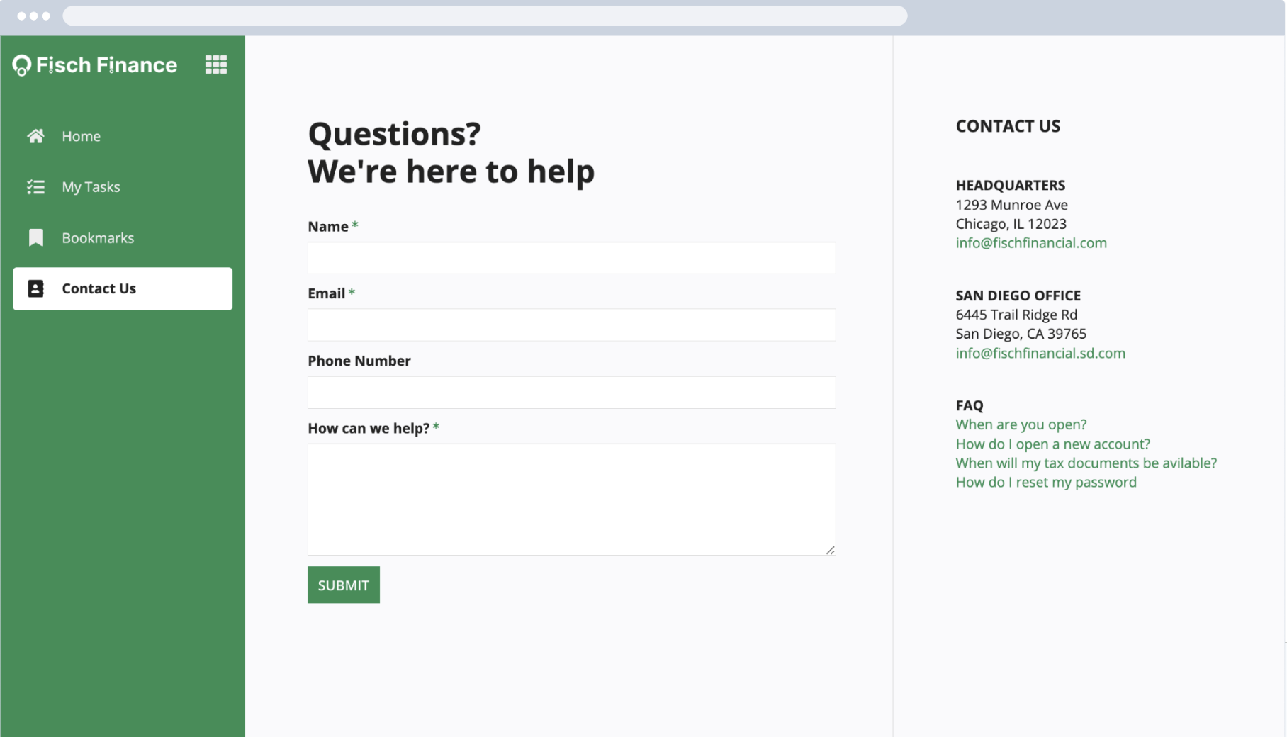 Example of a Contact Us form page with contact information and FAQs on the right side.