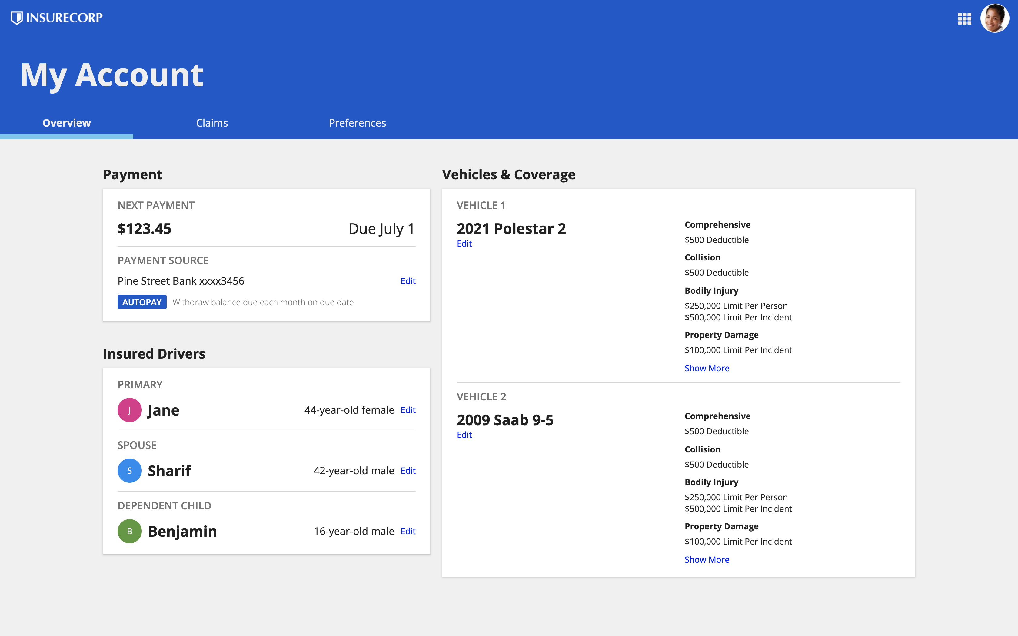 Preview of a desktop SAIL layout for a(n) customer account management page