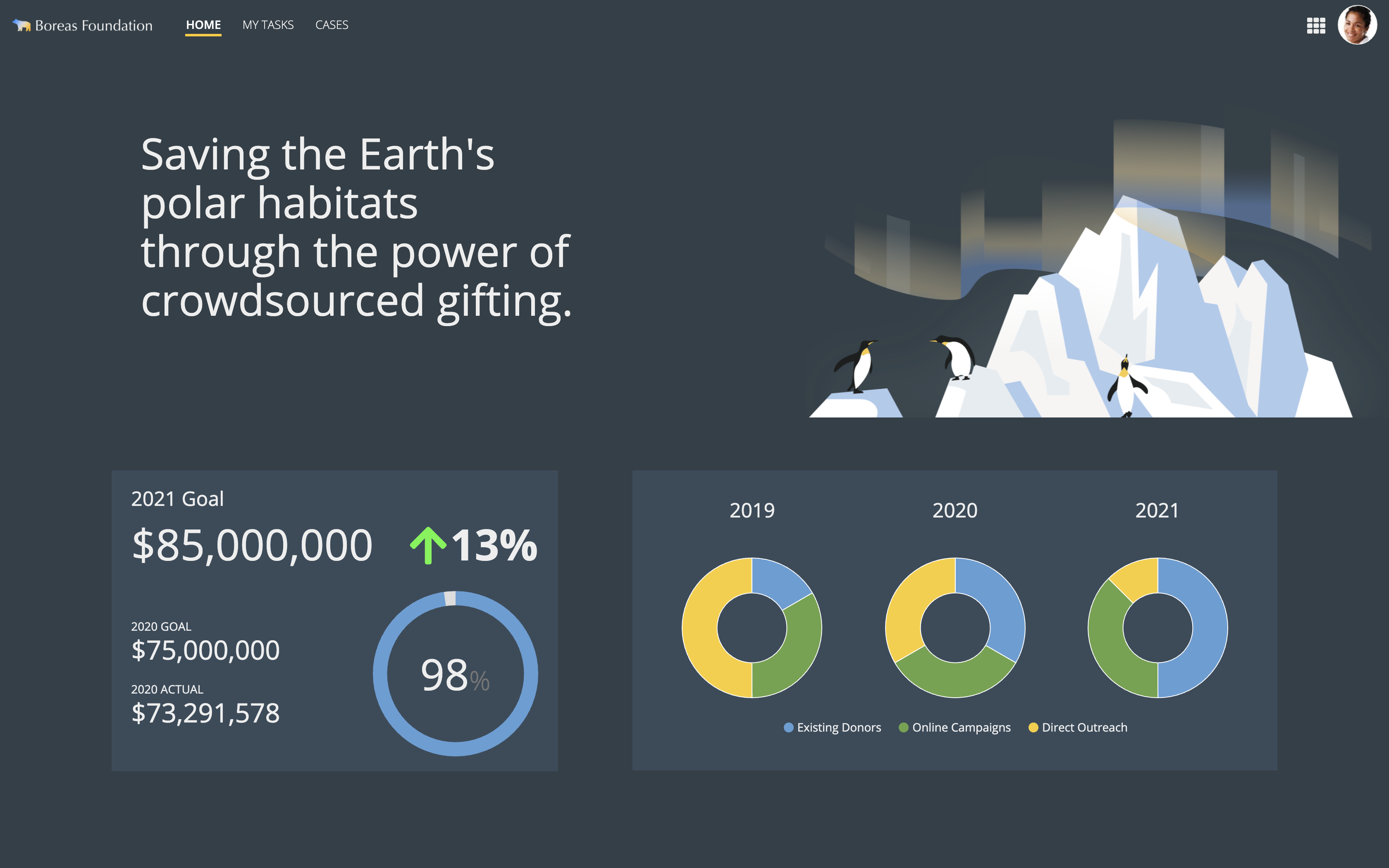 Preview of a desktop SAIL layout for a(n) non-profit fundraising campaign overview