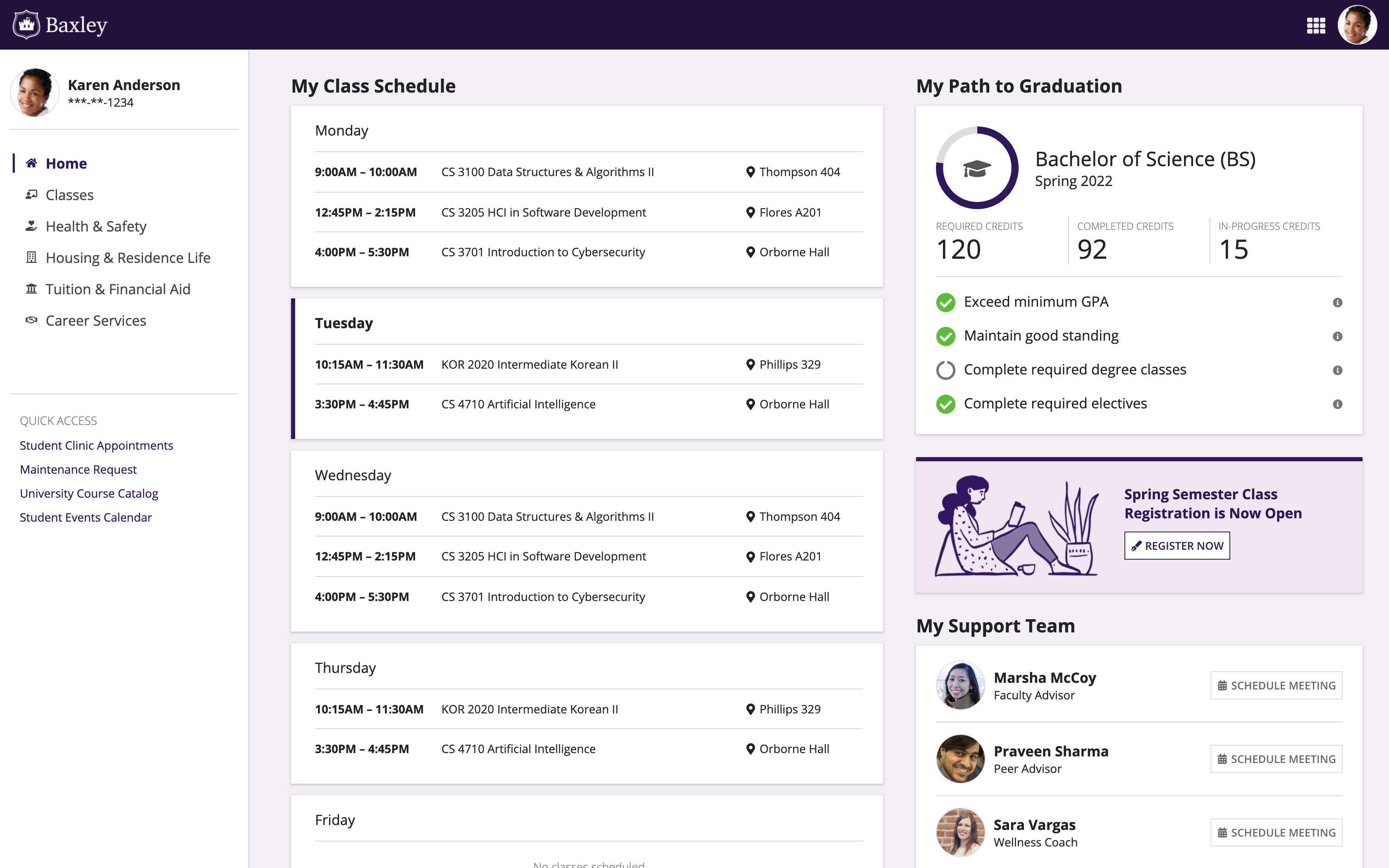 Preview of a desktop SAIL layout for a(n) university student dashboard