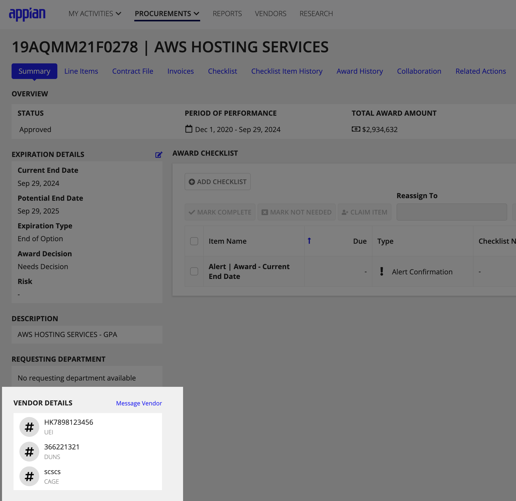 View of Award Summary with link to vendor messages