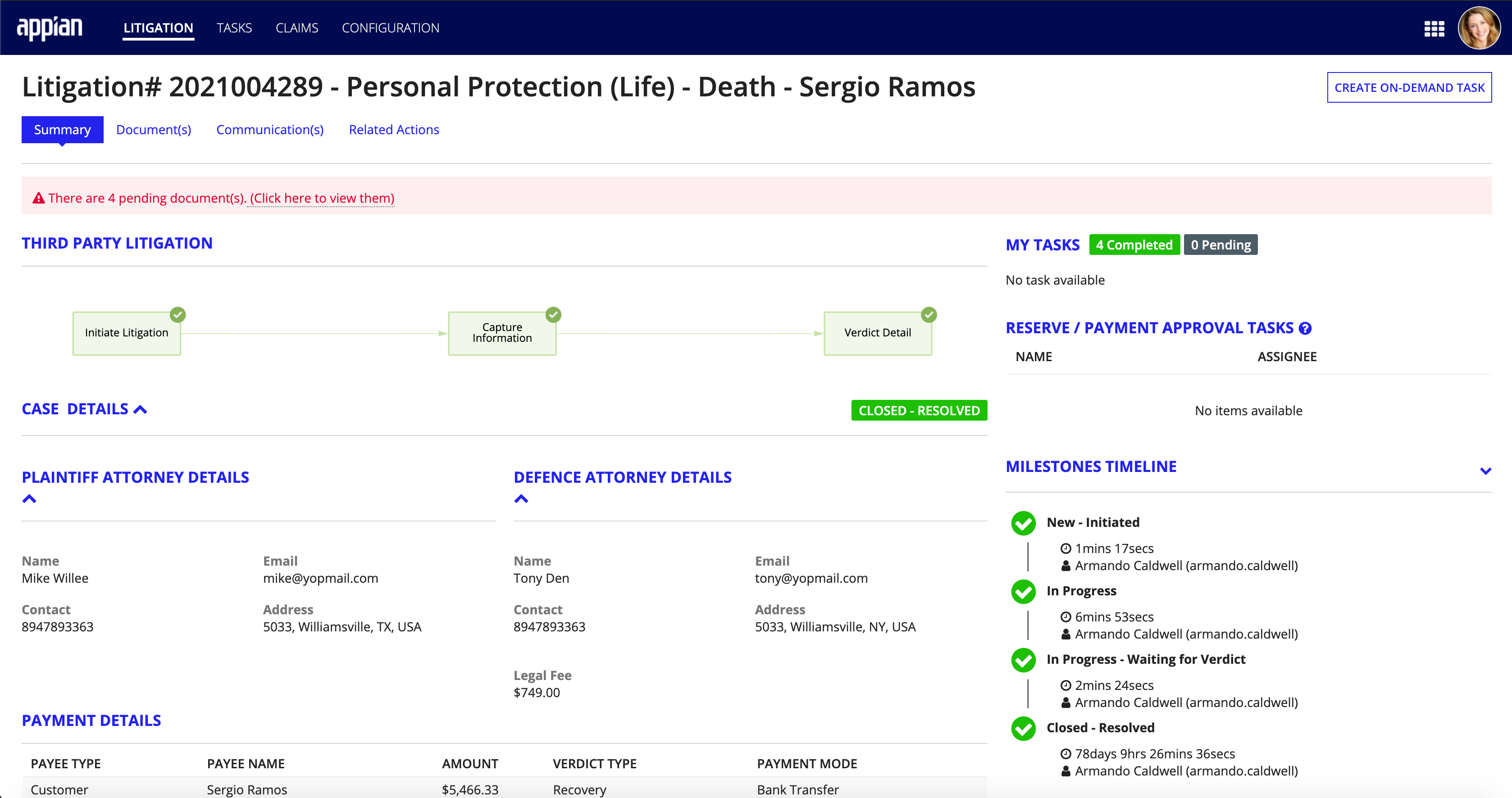 screenshot a dashboard tracking a litigation case