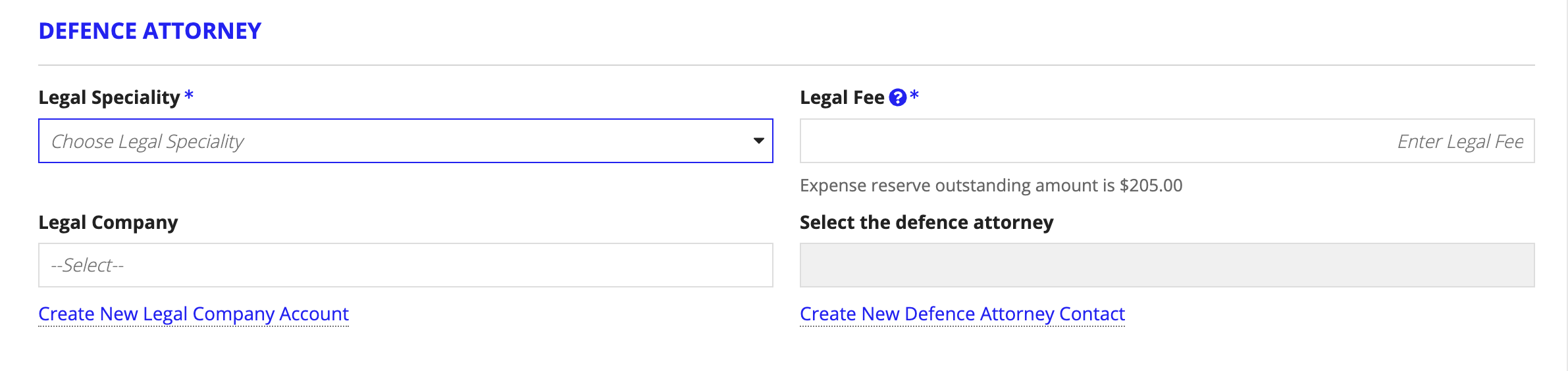 The Enter Attorney Detail form, shown for a defence attorney