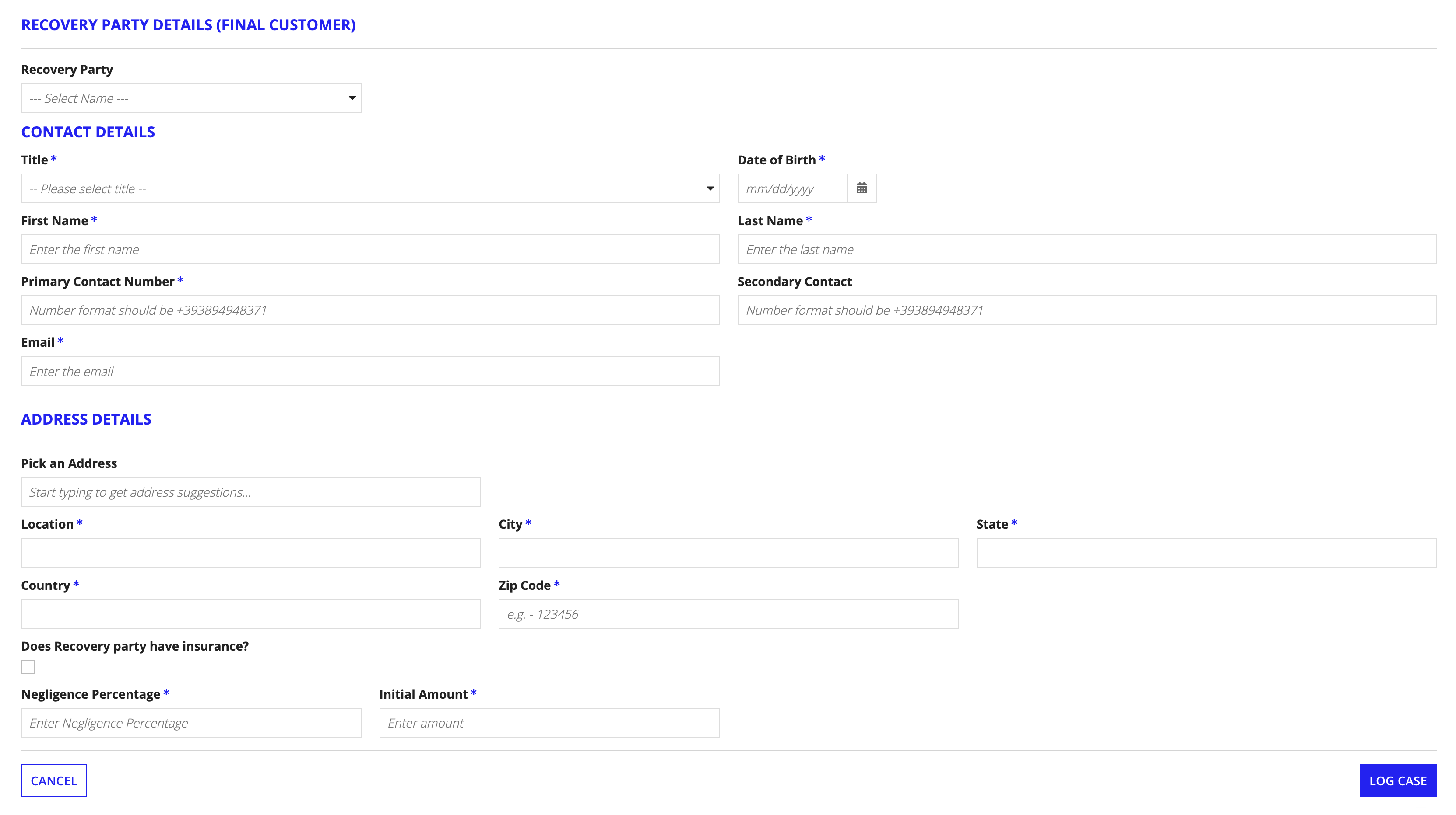 Fields on the Report Recovery form