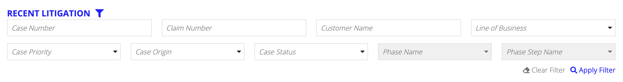 The filter fields for the Recent Litigation record table