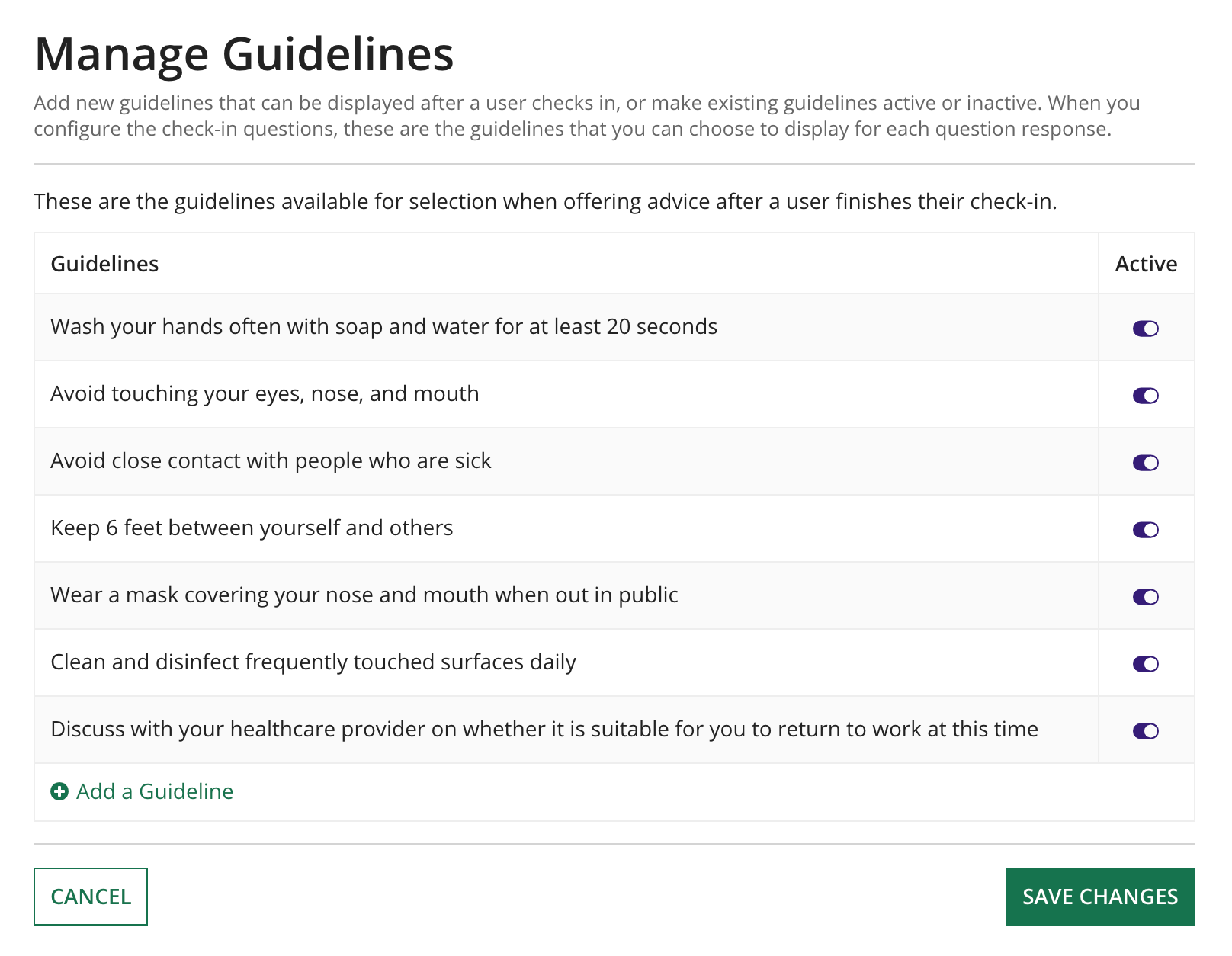 Manage guidelines