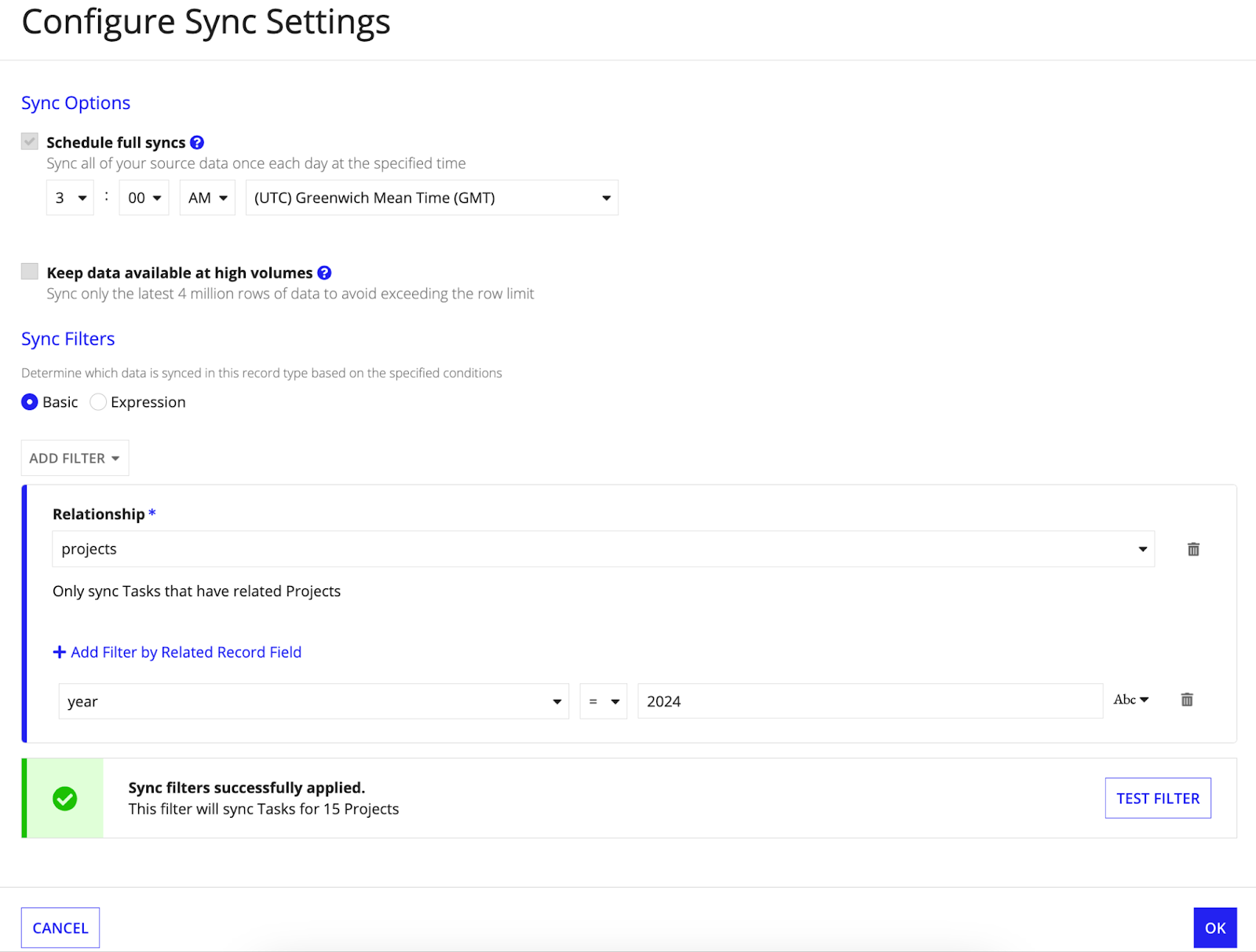 screenshot of configuring sync settings, as well as filtering by source fields and relationships