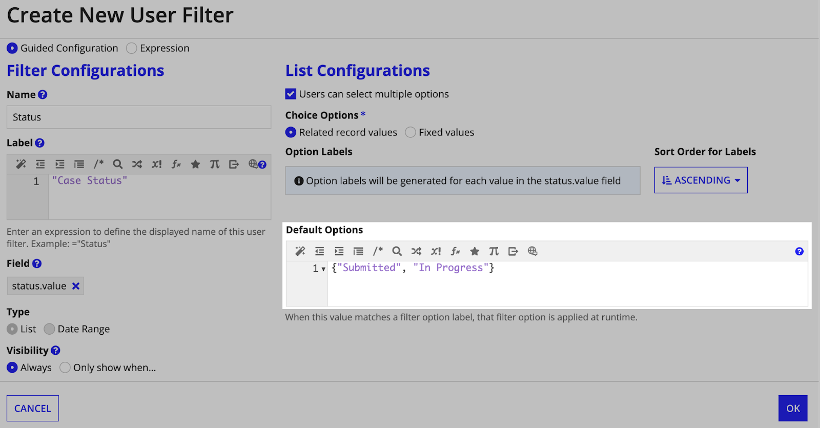 screenshot of default options in user filters