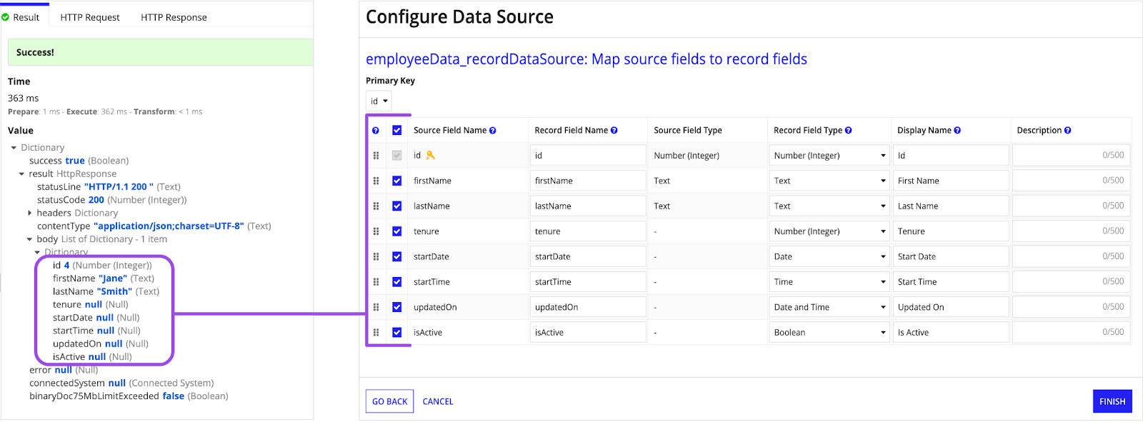 screenshot of simplified field selection of service-backed record types