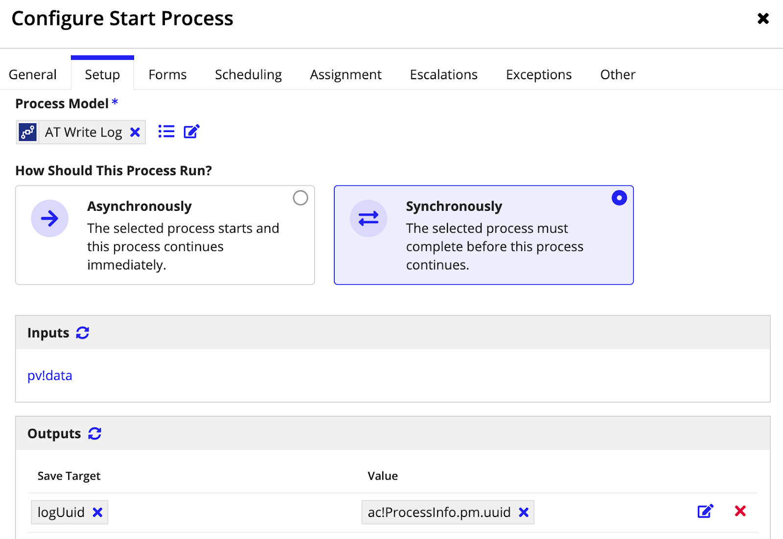 screenshot of configuring the synchronously start process option