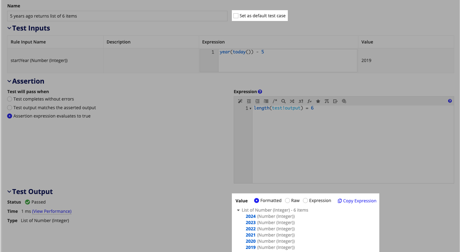 screenshot highlighting the default test case option and the formatting output options