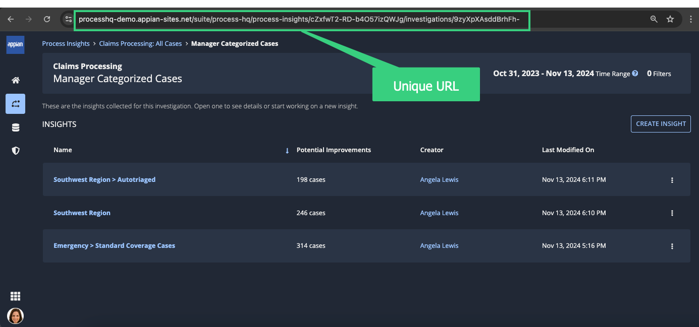 Unique URL highlighted in saved investigation in process insights
