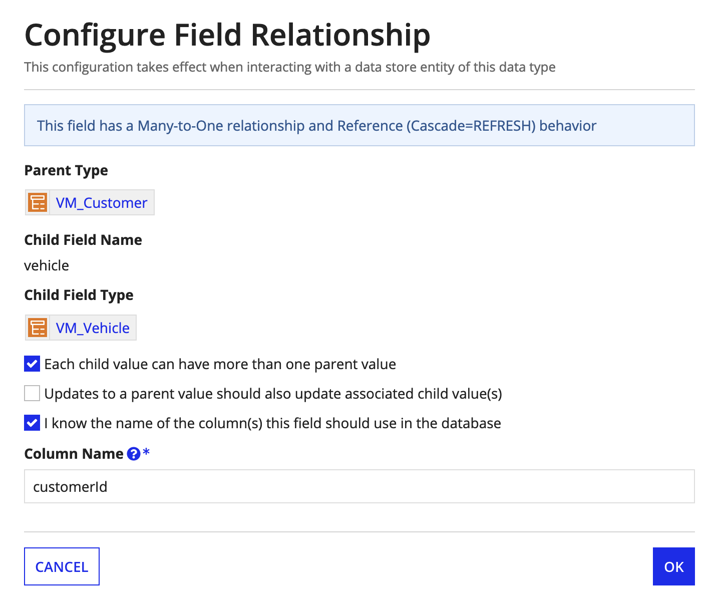 screenshot of the Configure Field Relationship dialogue, showing editing the Column Name field