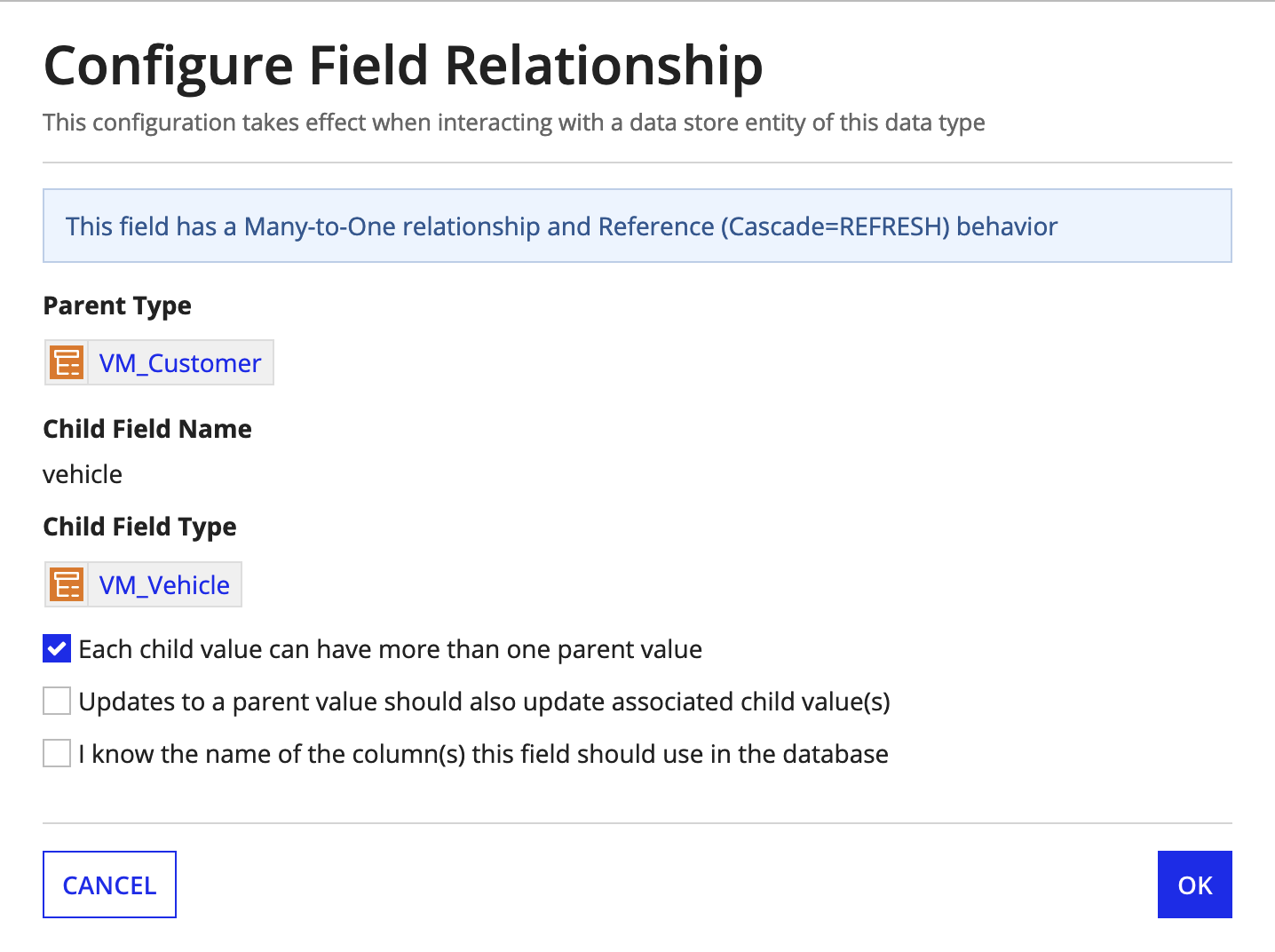 screenshot of the Configure Field Relationship dialogue