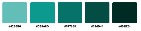 a five color guide to the colors in the Moss color scheme, with accompanying hex codes