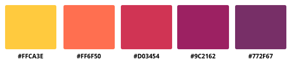 a five color guide to the colors in the Sunset color scheme, with accompanying hex codes