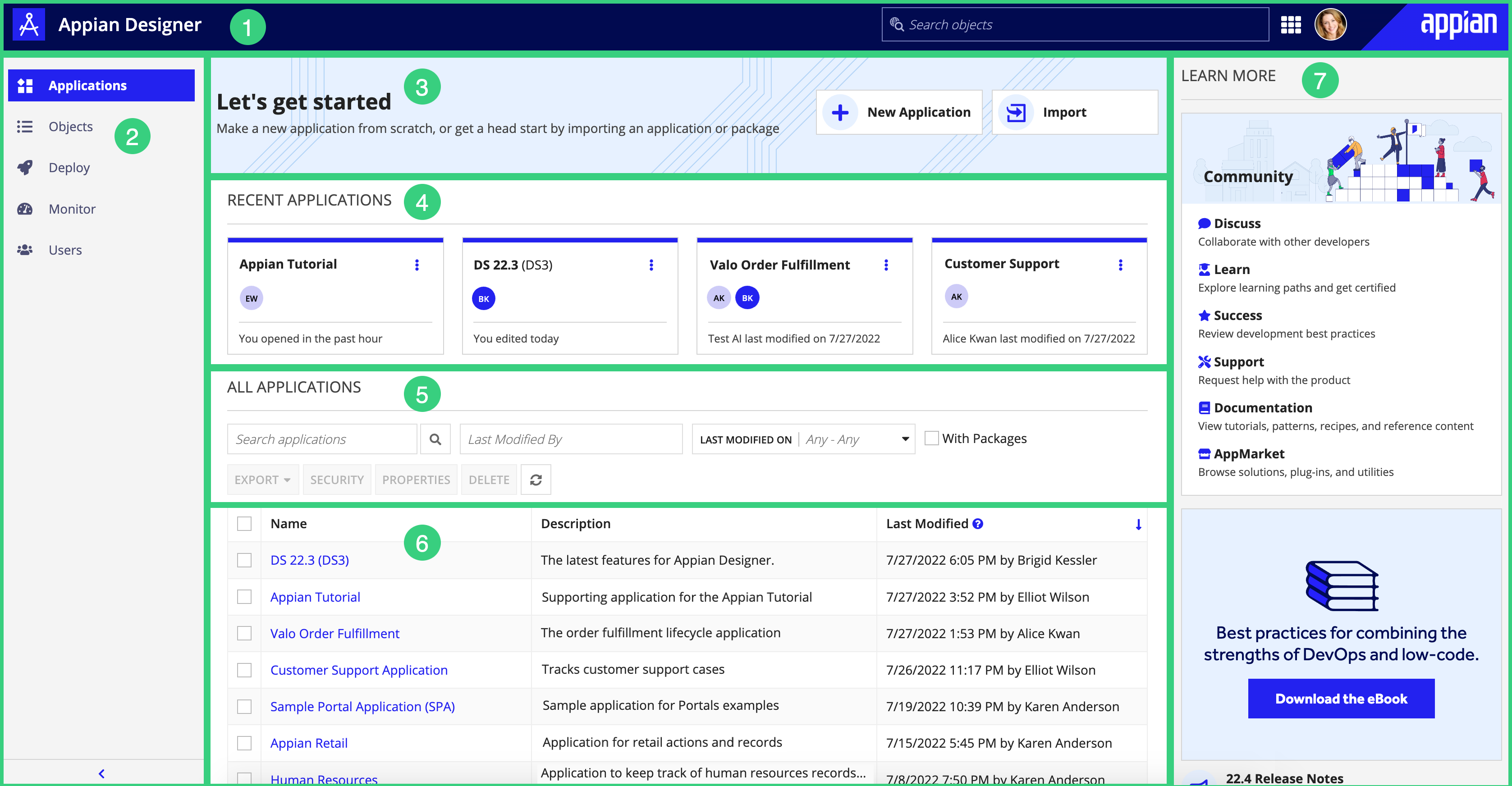 screenshot of Appian Designer applications list