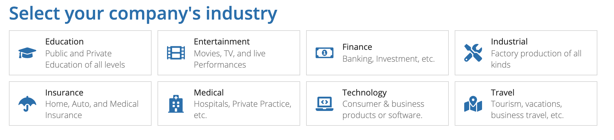 screenshot of a card choices component with 8 cards displaying industries