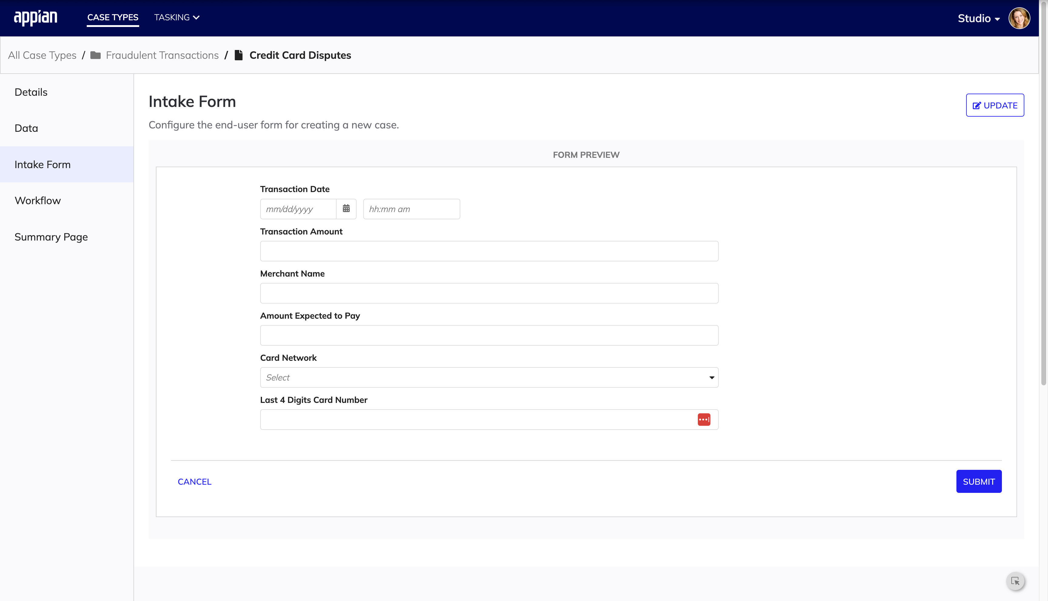 screenshot of the Intake Form tab in a case type