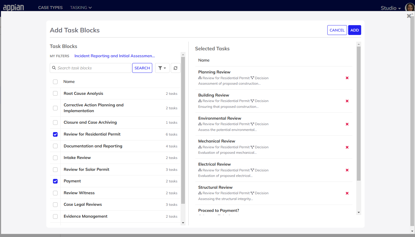 screenshot of selecting task blocks to add to your workflow