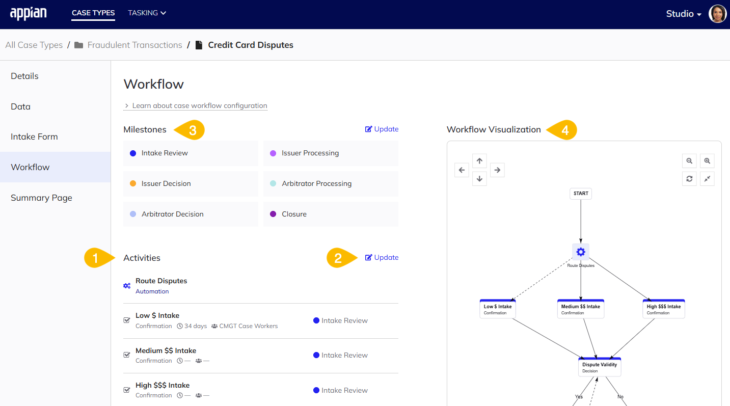 screenshot of the Workflow tab in a case type