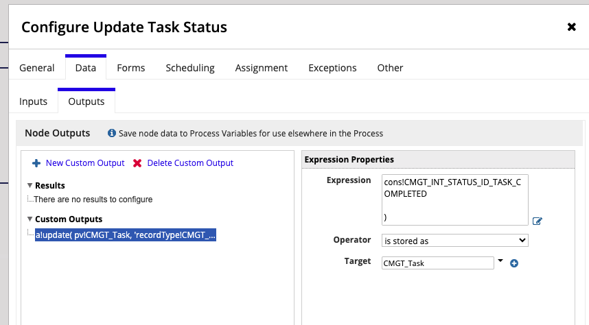 screenshot showing the output tab for updating task status