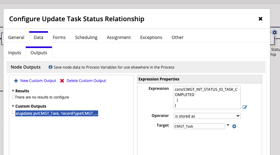 screenshot showing the output tab for updating task status relationship