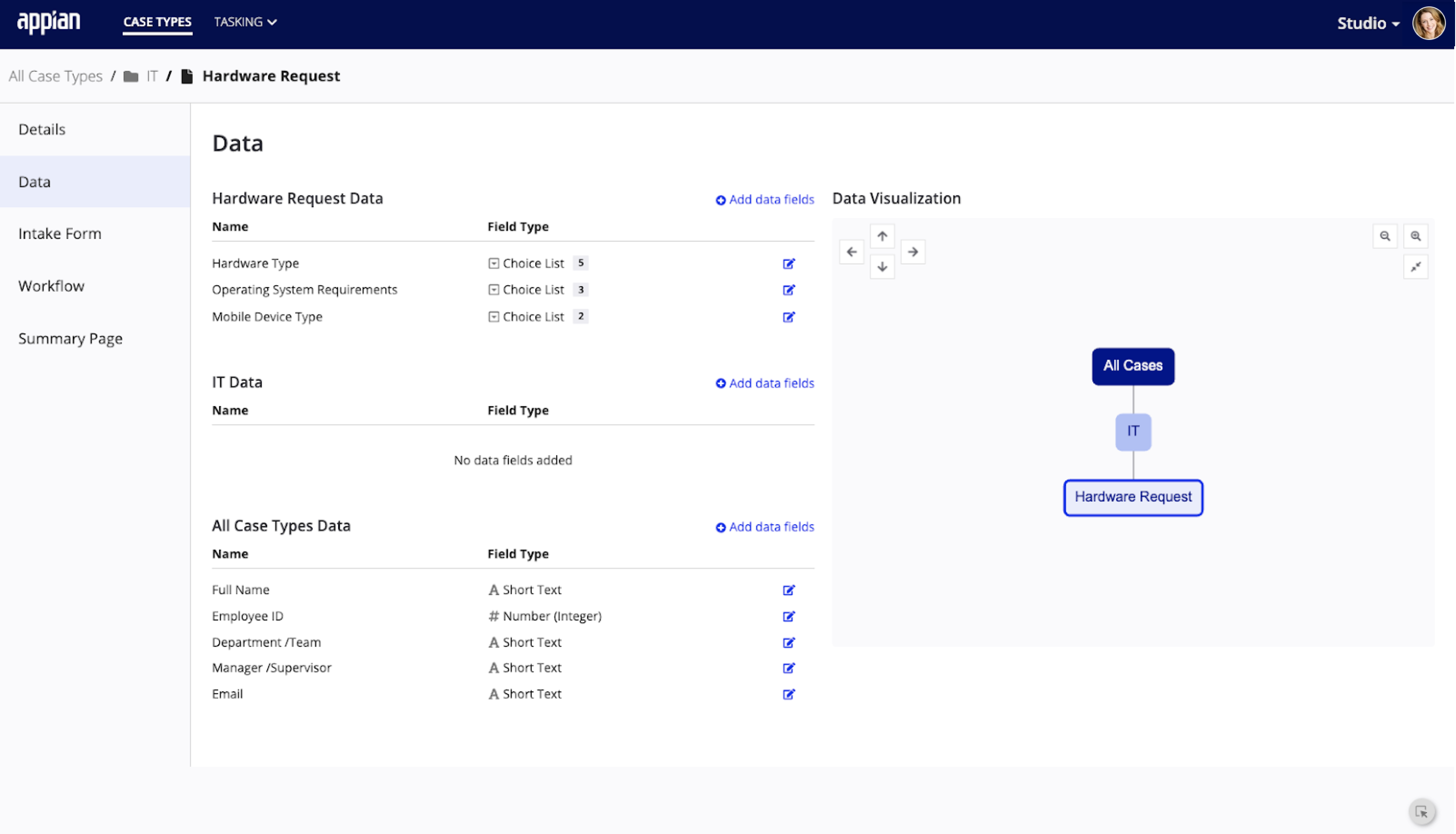 screenshot of the data page of the case type