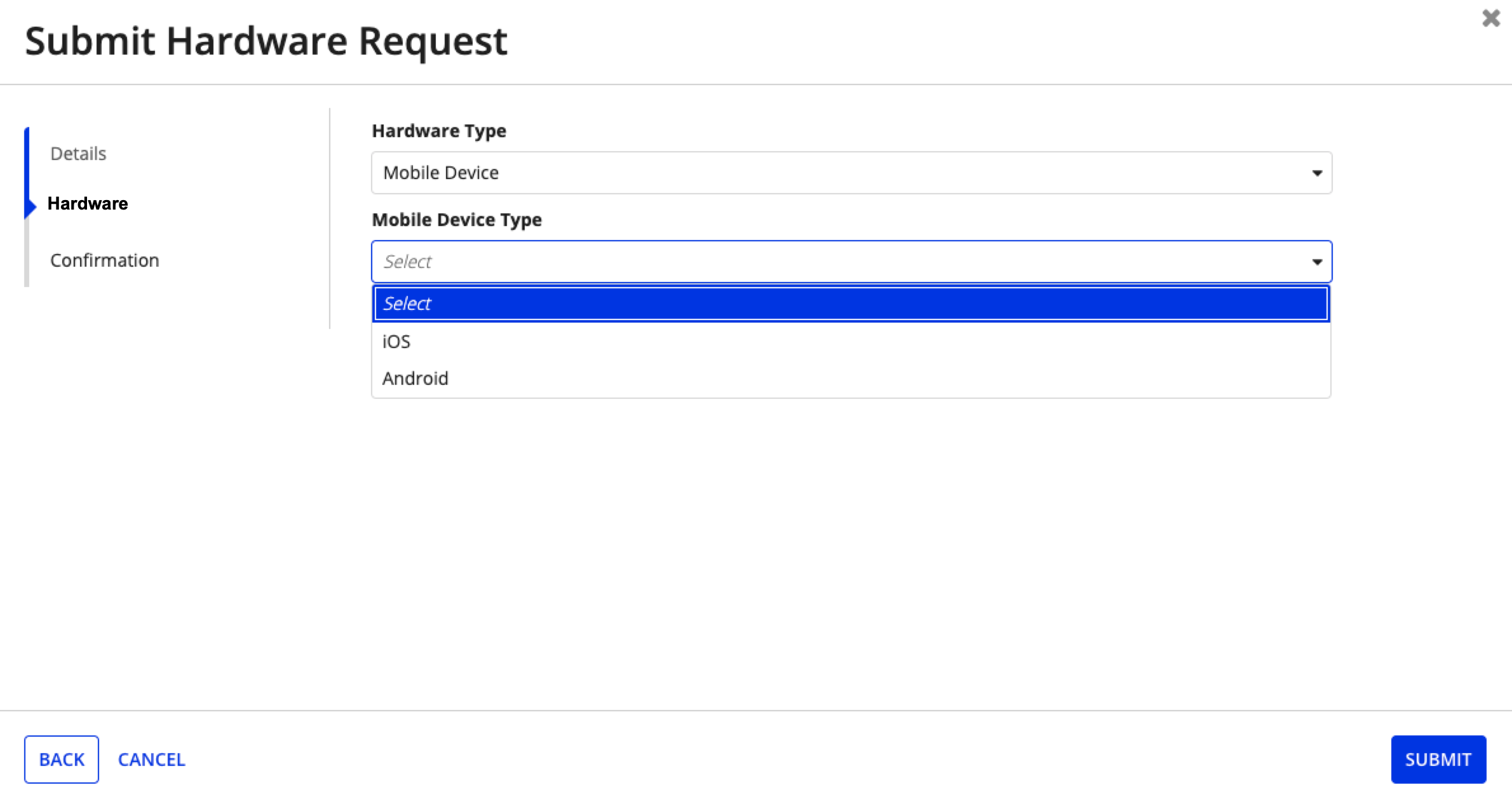 screenshot of the completed intake form with cascading dropdowns for hardware