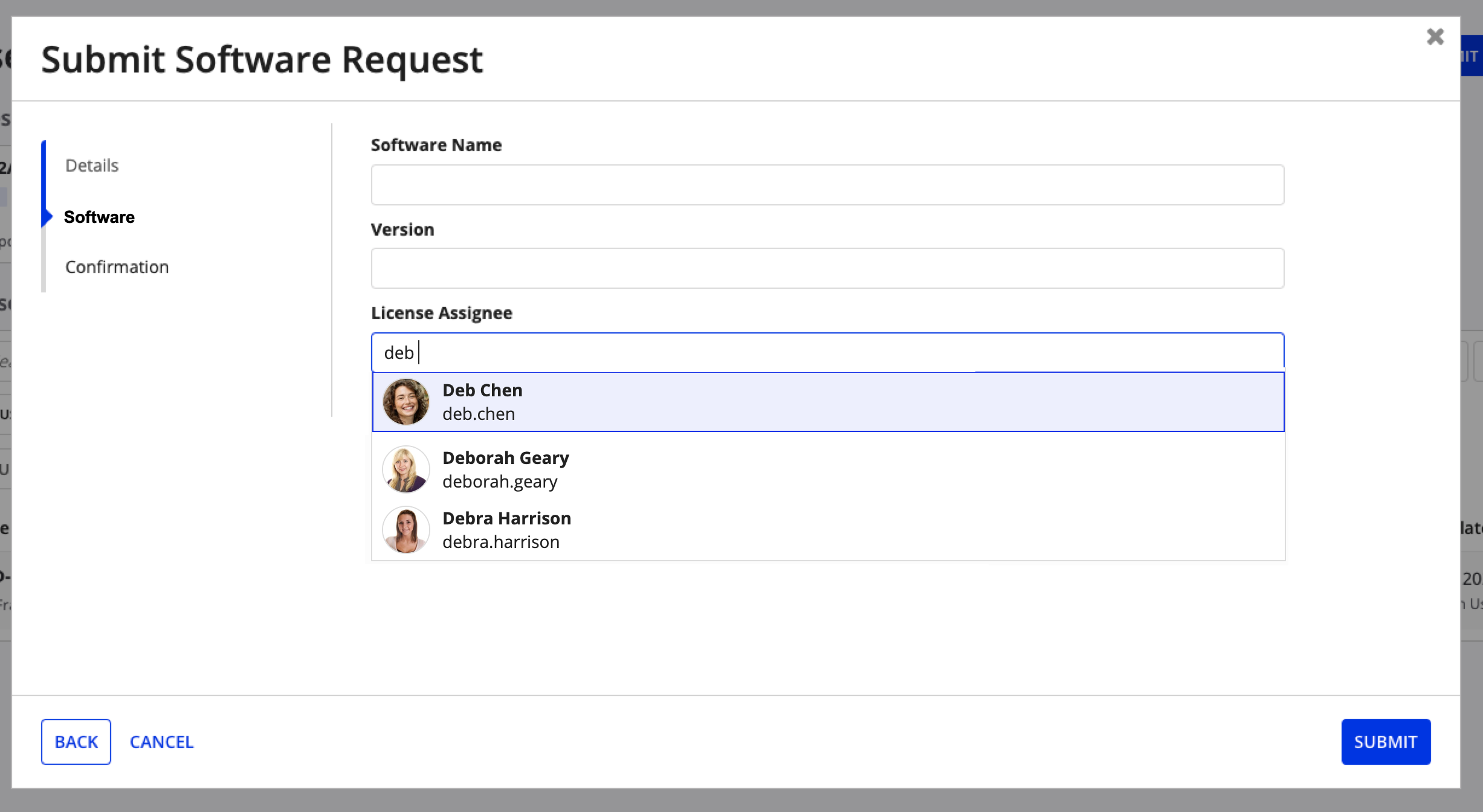 screenshot of the completed intake form with user picker for license assignee