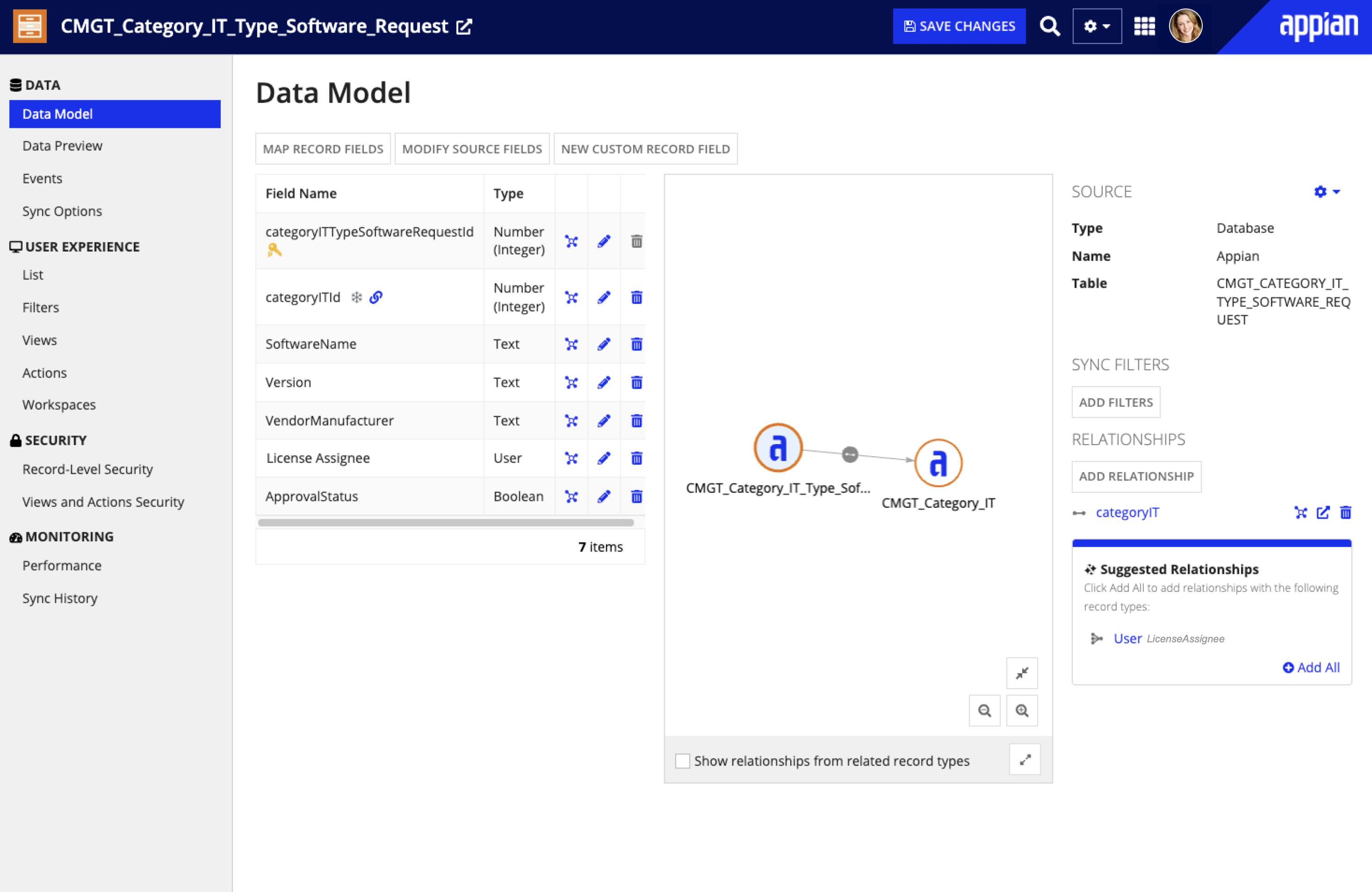 screenshot the data model page in the record type for the case type