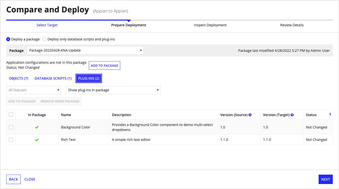 screenshot of the prepare deployment user interface for deploying only database scripts