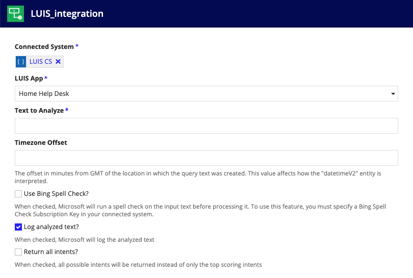 screenshot of the LUIS integration object