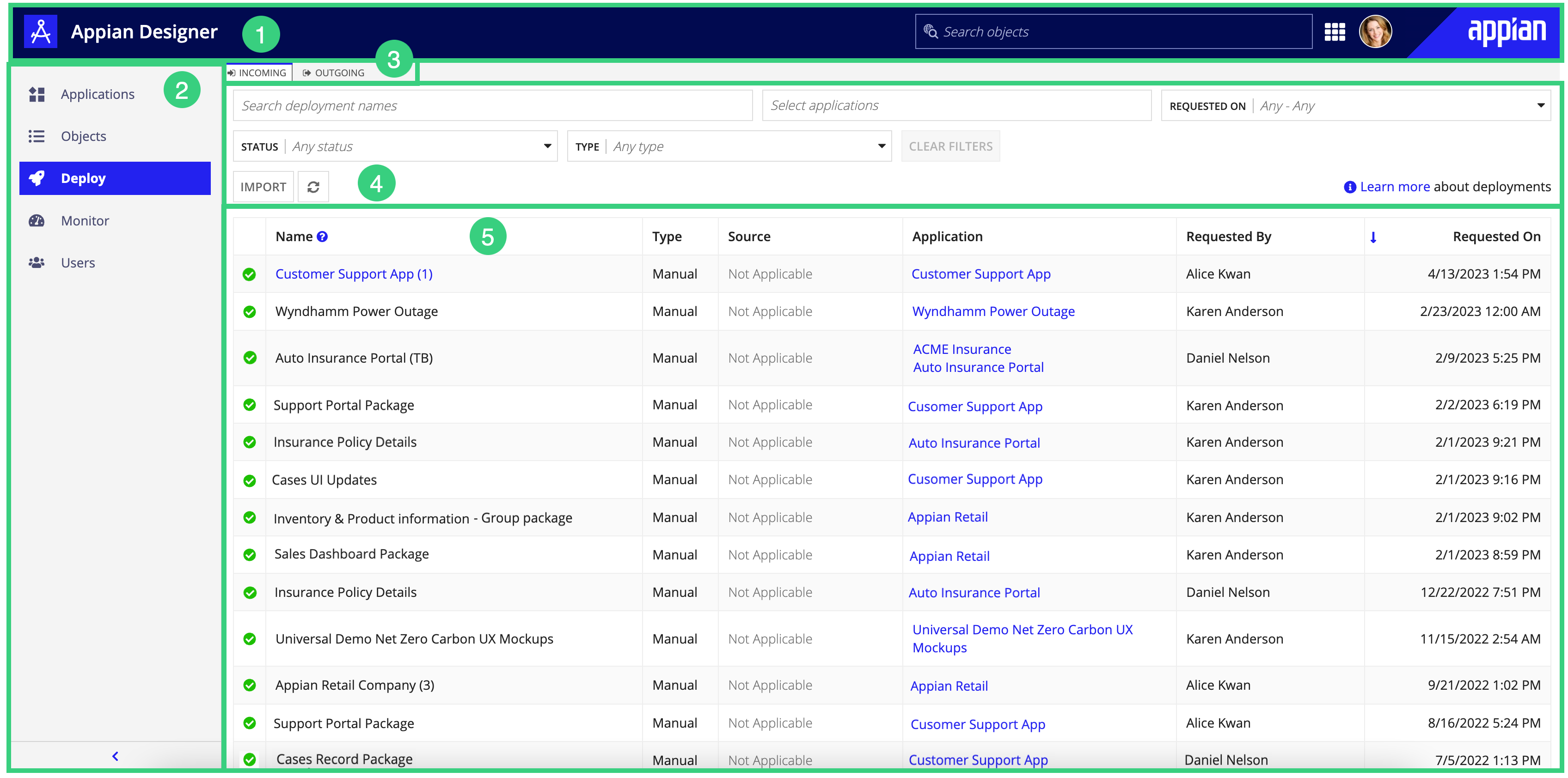 screenshot of the Deploy view in Appian Designer