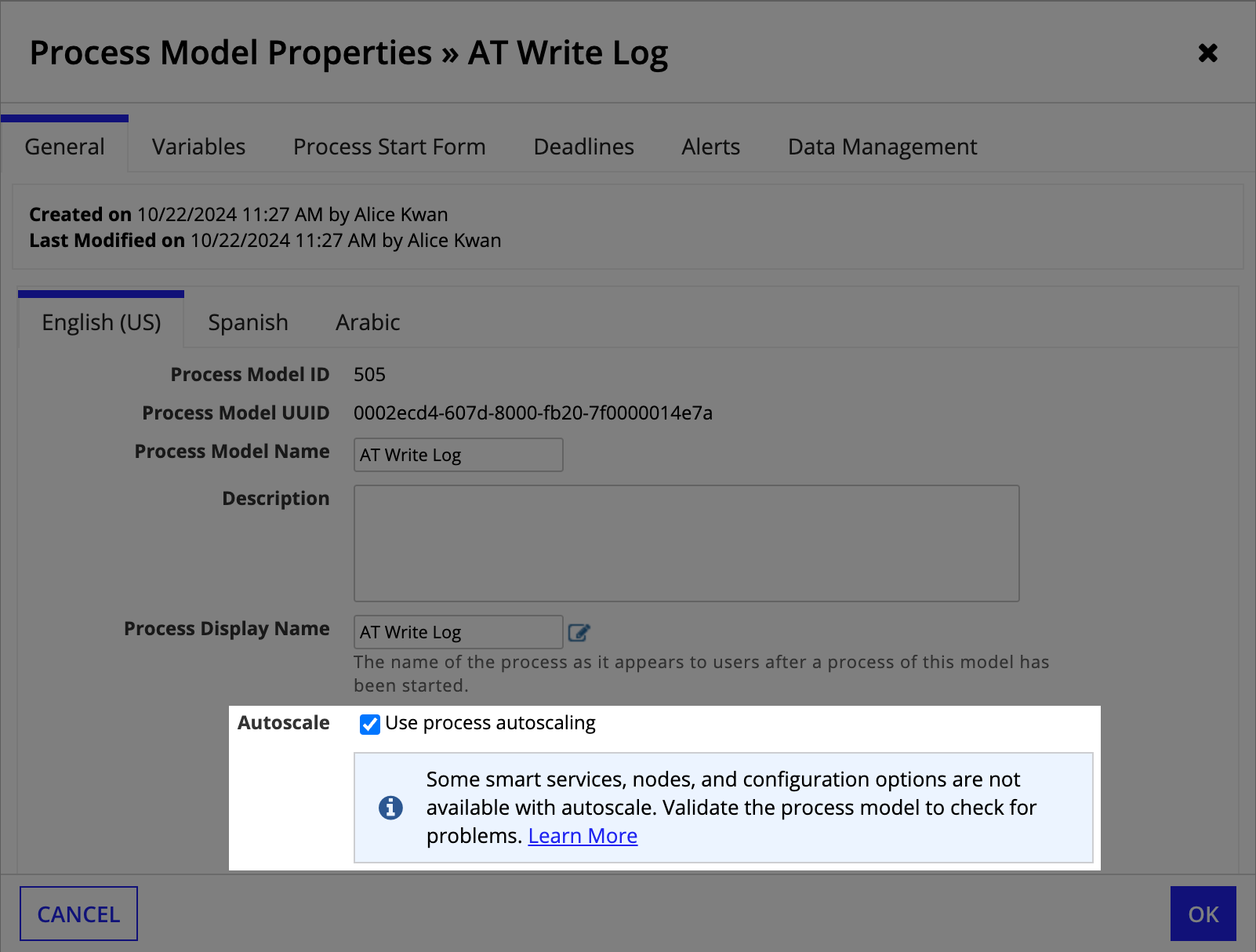 Process model properties showing autoscale enabled