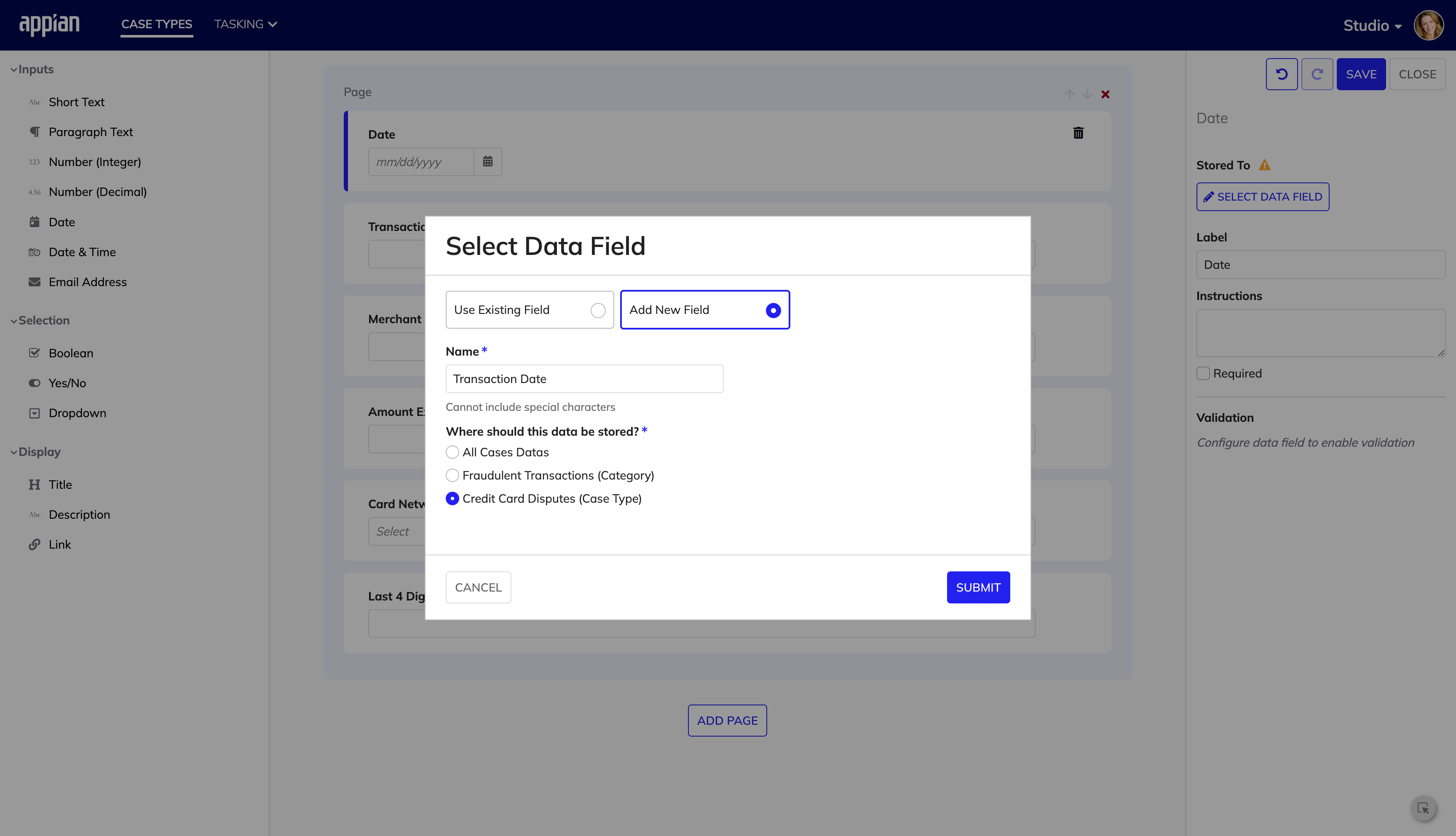 screenshot of form builder showing adding a validation