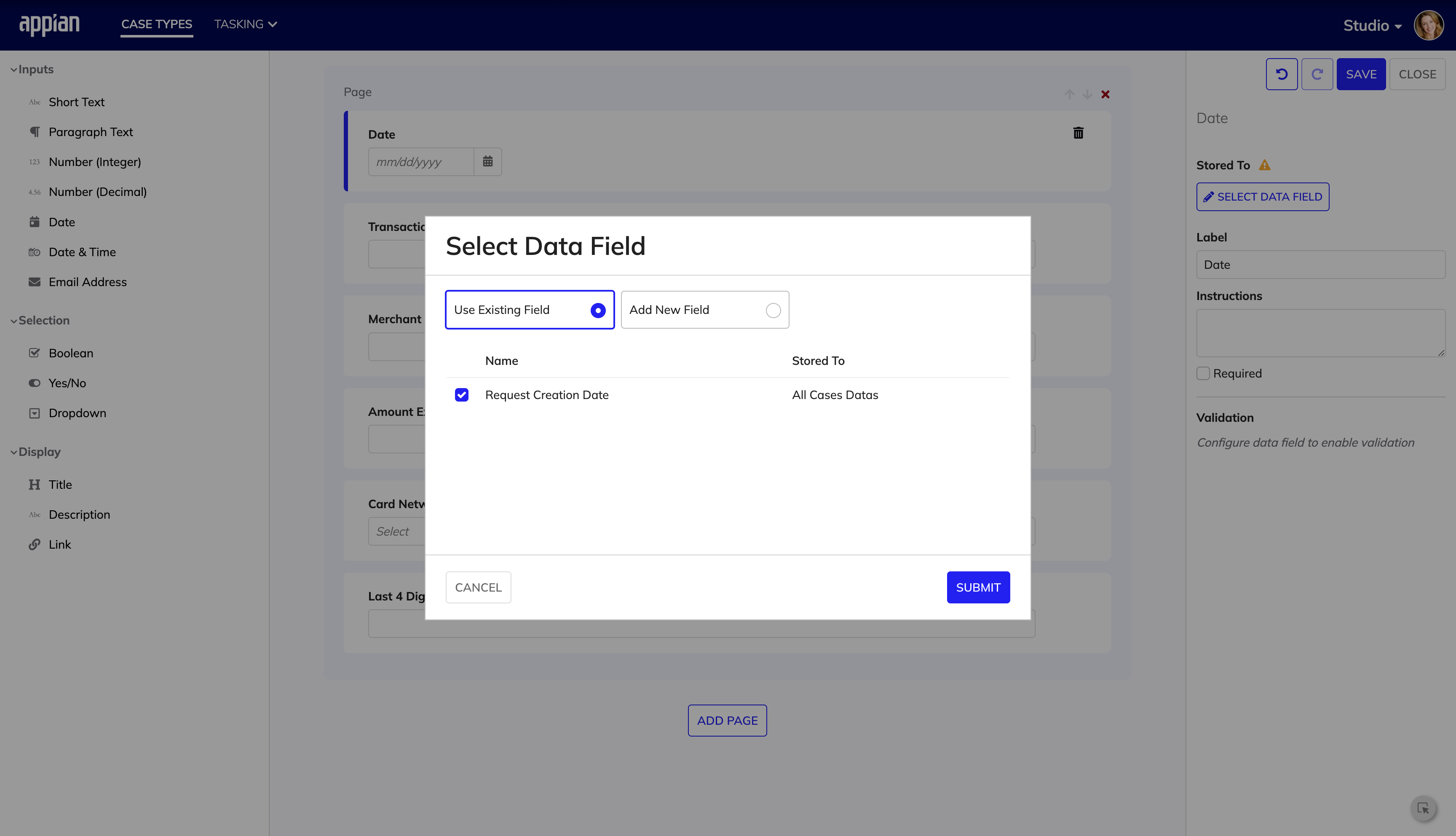 screenshot of form builder showing adding a new data field