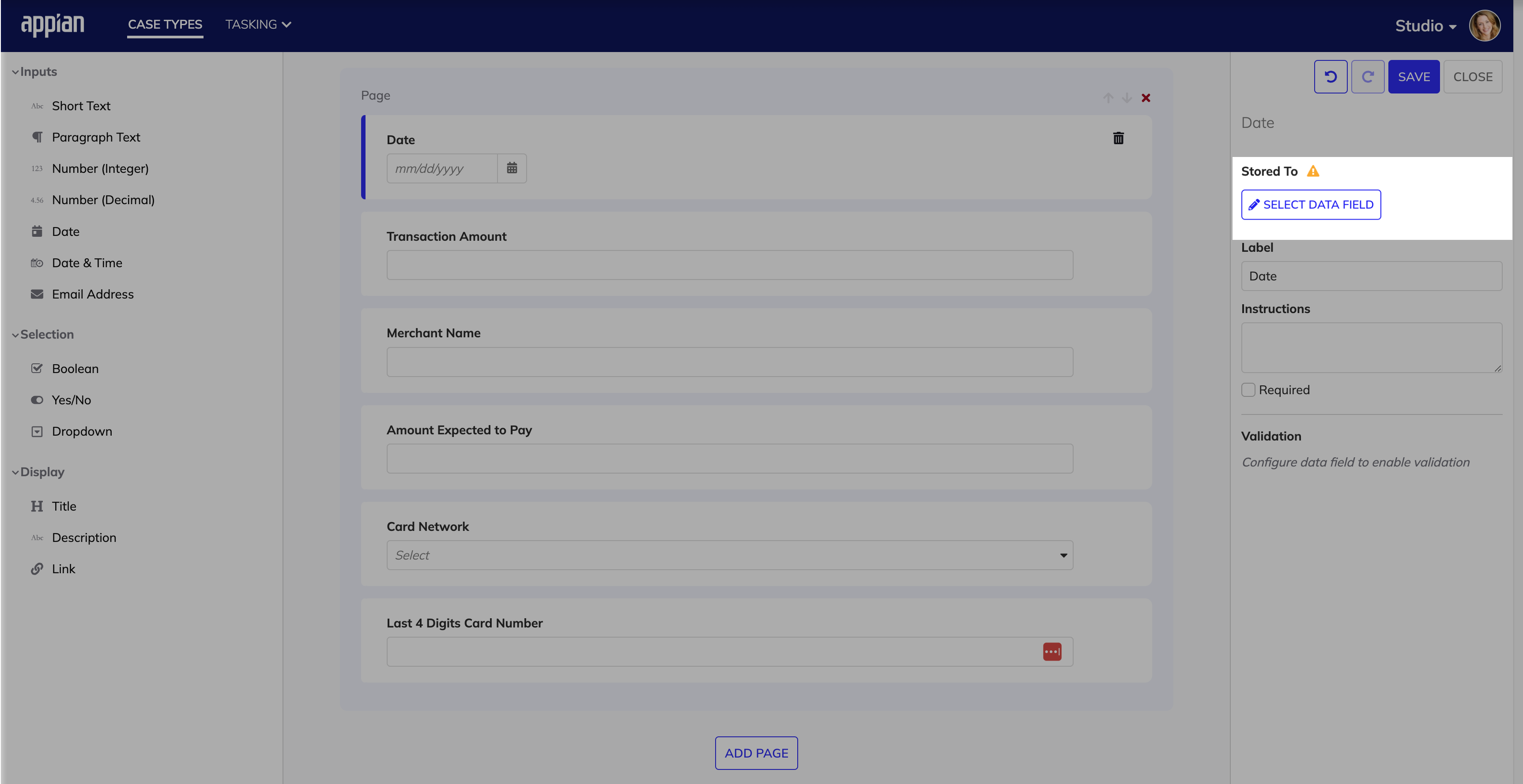 screenshot of form builder showing where to select the existing field to store the form field data