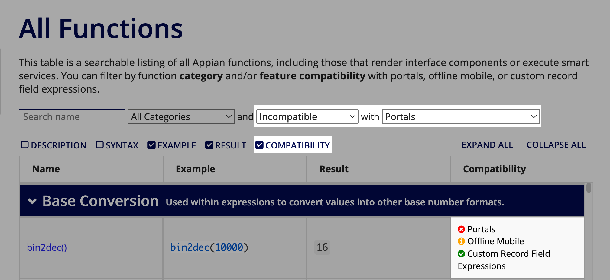 Portal compatibility in function table