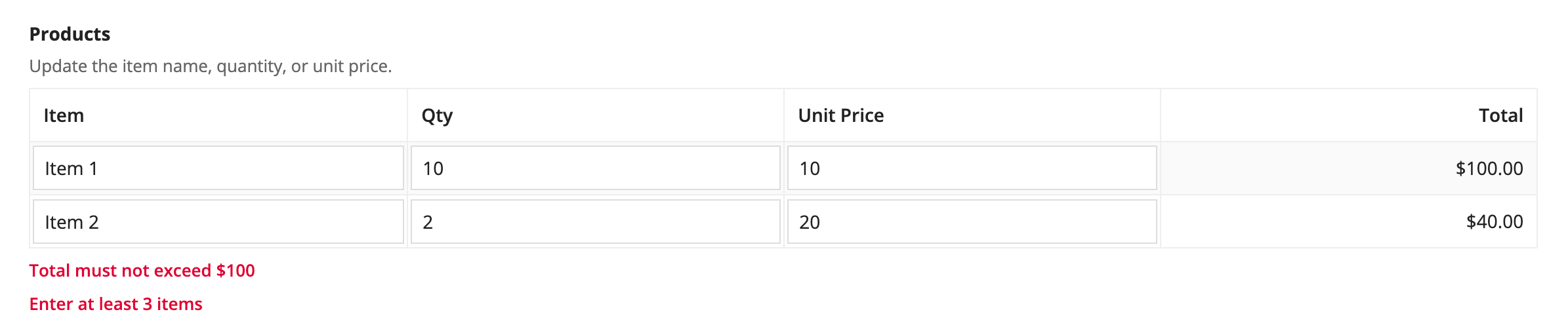 gridLayout with validation