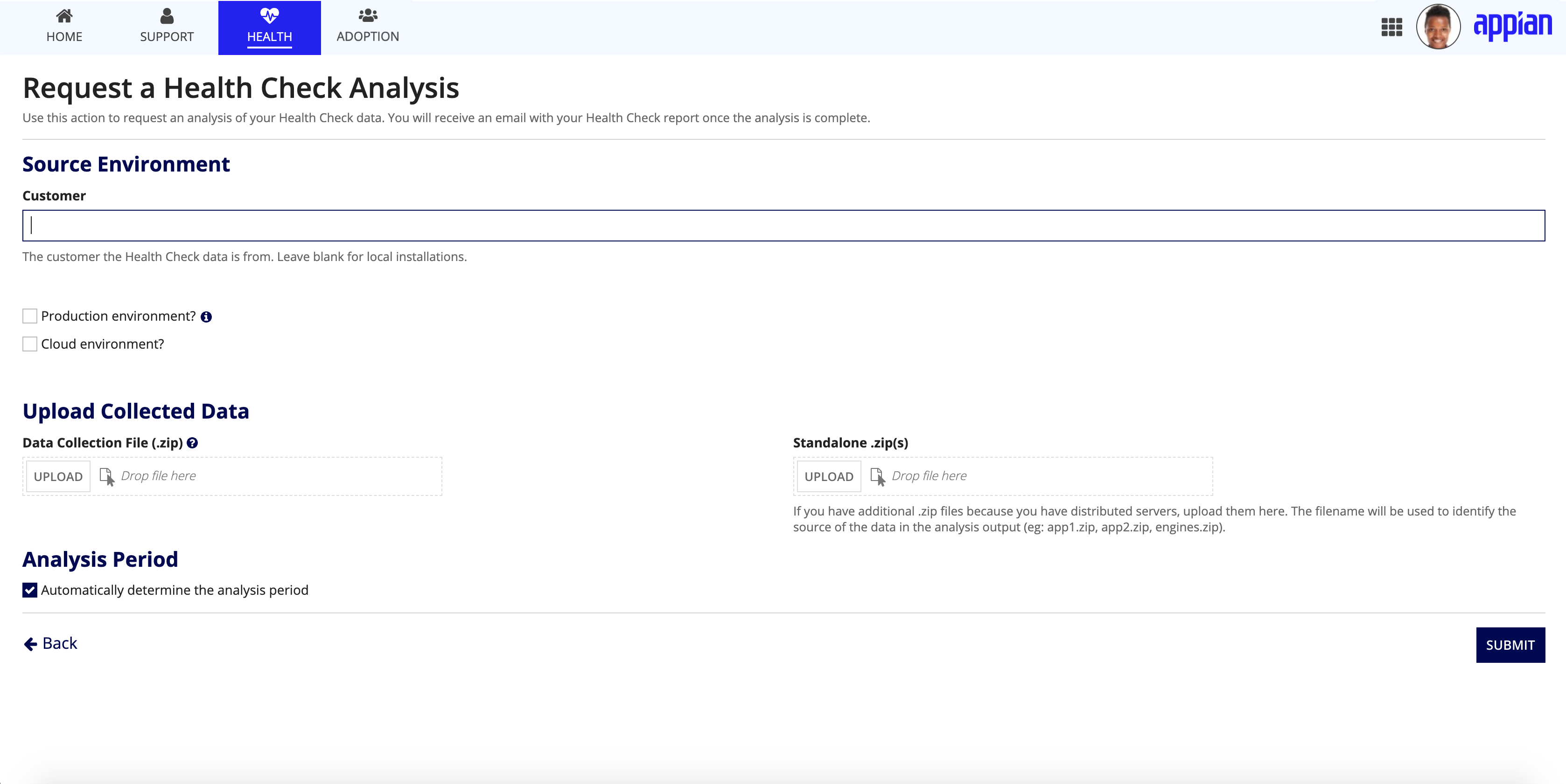 screenshot of the MyAppian Request option of the Health Check page